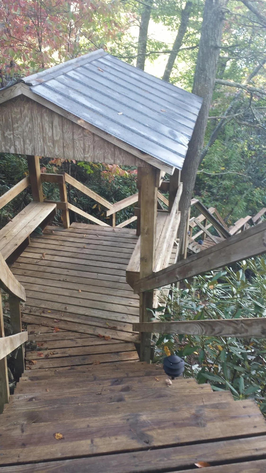 Metal roofed shelter over wooden steps on a wooded walkway — Skylight Repair & Installation work by our crew in Atkins